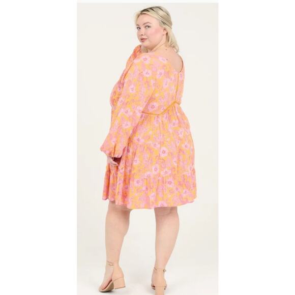 Romantic Gypsy Orange Pink Floral Long Sleeve V-Neck Rayon Flowy Boho Dress 4X - Picture 4 of 9